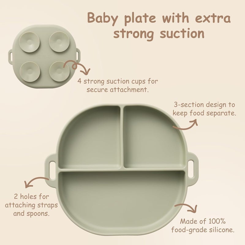 YIVEKO Baby Plates with Suction Silicone Baby Spoons Divided Baby Plates Silicone Baby Safety Toy Straps Baby Bottle Bungees Baby Feeding Set All-in-one-Brown - Image 3